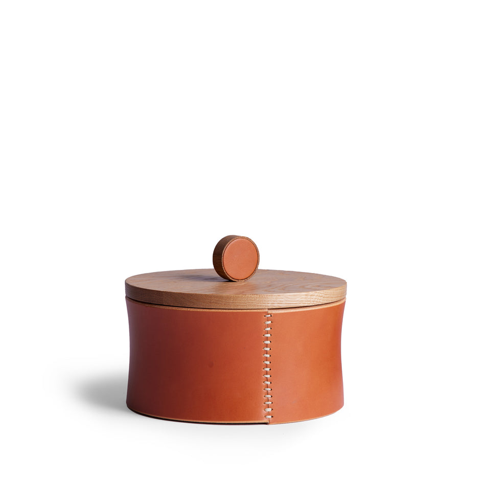 Circle Container in Oak and Tan Leather Image 2