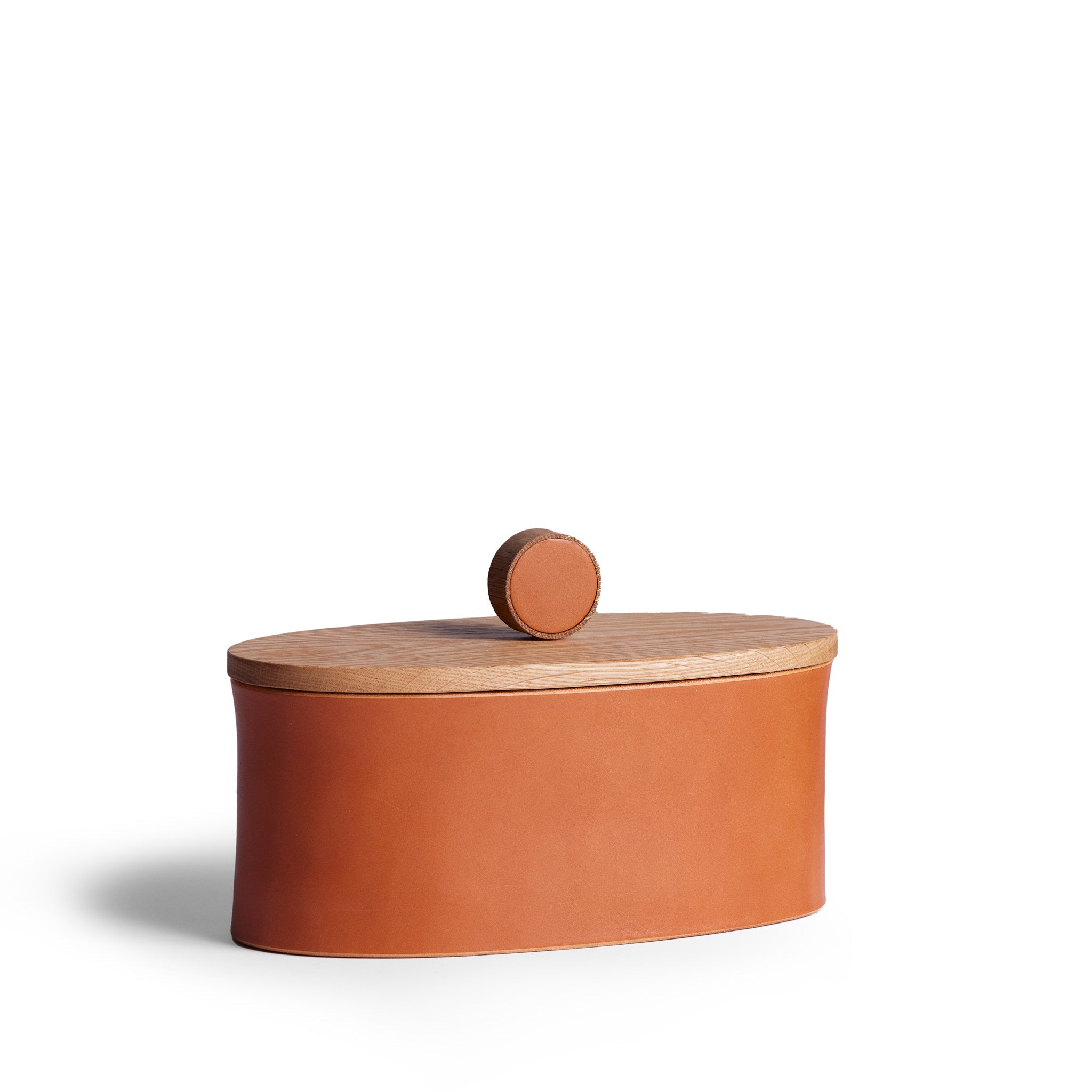 Oval Container in Oak and Tan Leather Zoom Image 1