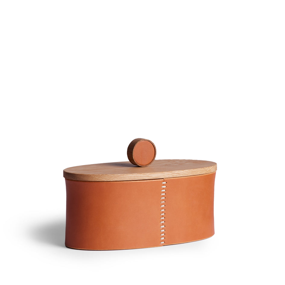 Oval Container in Oak and Tan Leather Image 2