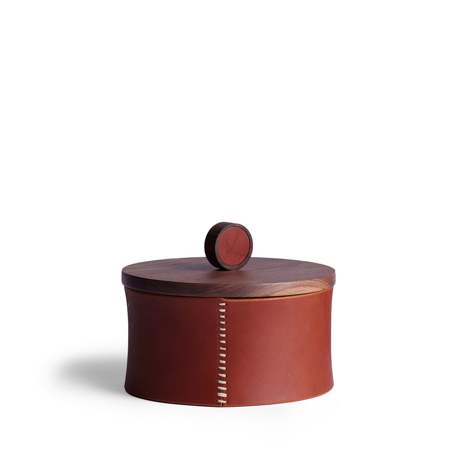 Circle Container in Walnut and Chestnut Leather Image 2